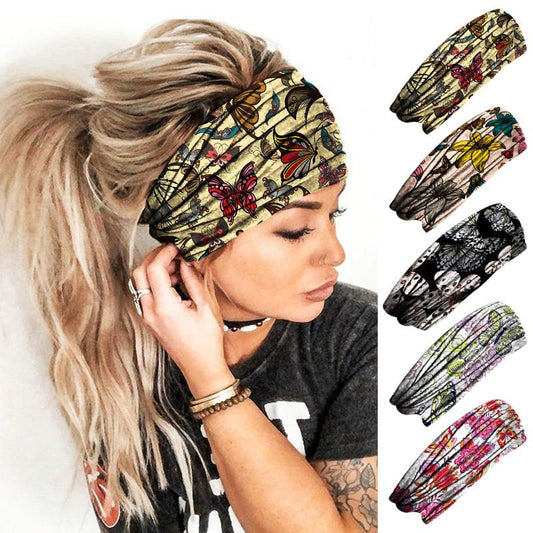 Vintage Bohemian Hair Bands Butterfly Print Wide Headbands Turban Bandage Bandanas HairBands Sport Scarf Women Hair Accessories