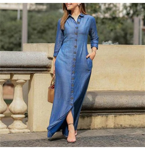 Autumn Women Clothing Shirts Dress Vintage Wash Long Sleeve Denim Women's Button Design Temperament Dress