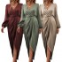 Plus Size Women's Clothing Long Lantern Sleeve Office Work Satin Dress Crossneck Pleated Split Evening Dresses