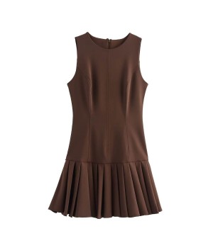 Women's new chic fashion temperament wide pleated design mini dress retro sleeveless O-neck women's dress Vestidos