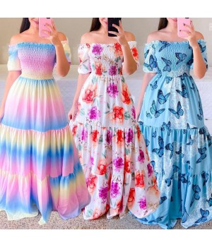 Fashion Ladies Long Summer One-shoulder Floral Dress Women Clothing Casual Dresses Women's Maxi Dresses