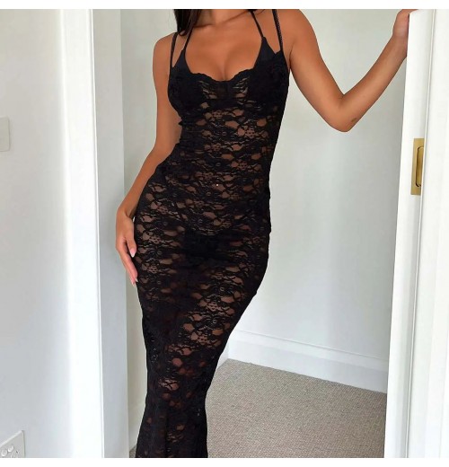 European and American women's clothing new wholesale hot selling sexy hollow out temperament solid color lace dresses