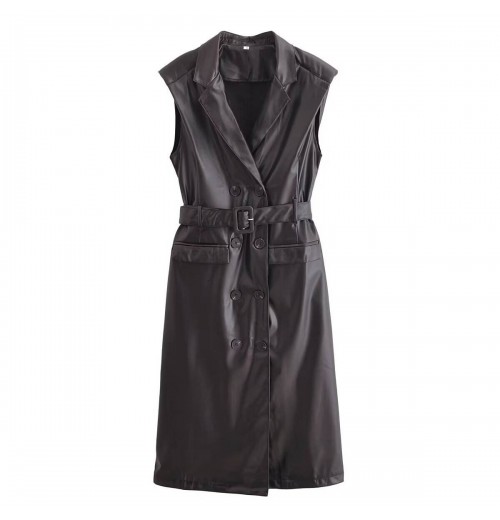 European and American women's clothing 2024 autumn and winter new street fashion sleeveless leather windbreaker dress