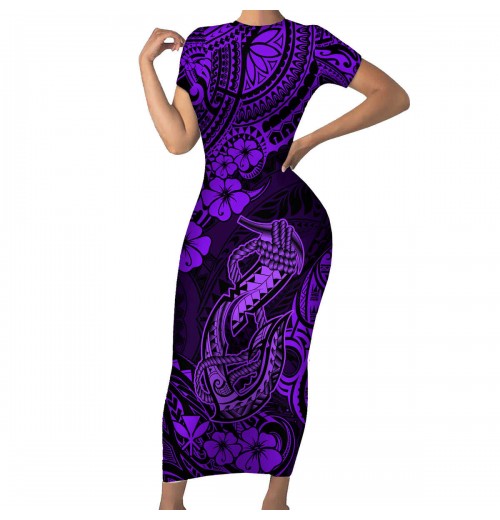 Custom Clothing Women's Hibiscus Flower and Hook Print Purple Hawaii Dresses Causal