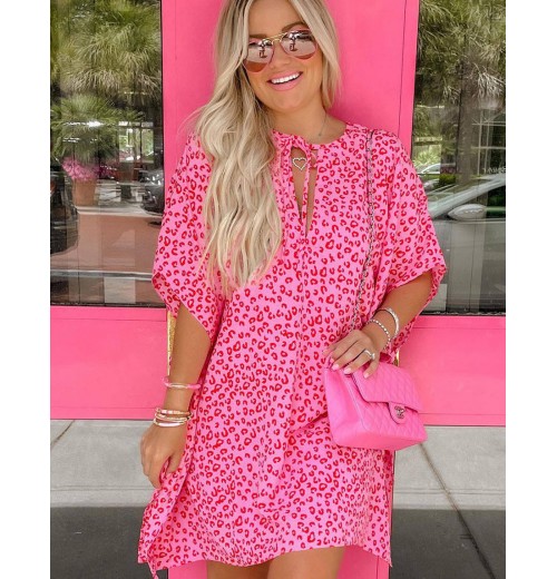 Sexy Sweet Pink Leopard Print Ladies V Neck Half Sleeve Dress For Women Summer Trendy Loose Casual Mini Dresses