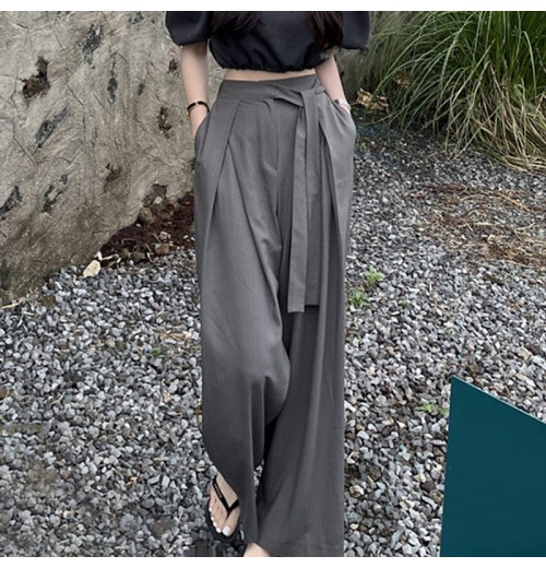 Cotton Wide Leg Drape Pants with Asymmetric Straps and High Waist Design