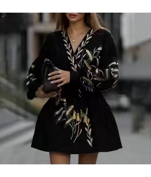 Casual Mini Dress Autumn Women New V Neck Lantern Full Sleeve Sexy Ear Of Wheat Embroidery Cardigan Velvet Holiday Black Dress