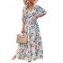 Women's Elegant Summer Bohemian Maxi Dress Casual Floral Printing In Wrap Deep V Neck 3/4 Sleeve Breathable Chiffon Fabric